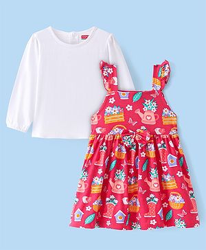 Babyhug Single Jersey Knit Full Sleeves T-Shirt with Frock Floral Print - White & Red