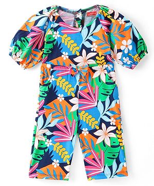 Babyhug Single Jersey Knit Half Sleeves Jumpsuit with Floral Print & Bow Applique - Navy Blue