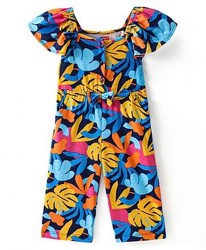 Babyhug Single Jersey Knit Half Sleeves Jumpsuit with Tropical Theme & Bow Applique - Navy Blue