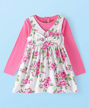 Babyhug Single Jersey Knit Frock with Full Sleeves Inner Tee Floral Print & Bow Applique - Pink & White