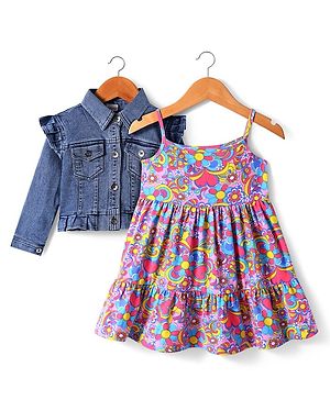 Babyhug Single Jersey Knit Floral Printed Frock With Full Sleeves Denim Jacket - Navy Blue
