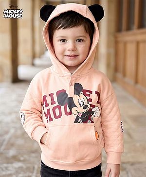 Babyhug Disney Full Sleeves Hooded Sweat Shirt With Mickey Mouse Graphic & 3D Applique - Peach
