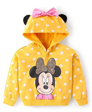 Babyhug Disney Cotton Knit Hooded Sweatshirt With Minnie Mouse Graphics & Sequin Bow Embroidery Detailing - Yellow