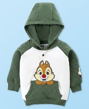 Babyhug Disney  Raglan Full Sleeves Sweatshirt With Hood & Chip and Dale Applique Detailing - White & Green