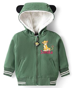 Babyhug Disney Front Open Full Sleeves Hooded Sweat Shirt With Lion King Graphic - Olive Green