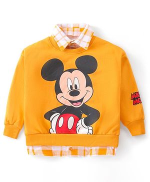 Babyhug Disney 100% Cotton Knit Full Sleeves Overlap Sweatshirt With Mickey Mouse Graphics & Collar Detailing - Yellow