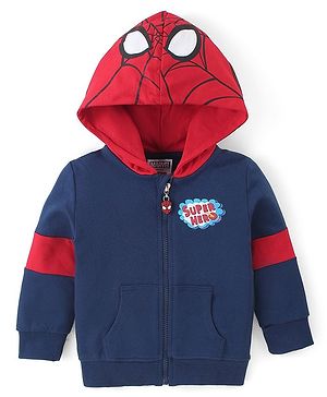 Babyhug Marvels Cotton Knit Full Sleeves Front Open Hooded Sweat Jacket with Zipper & Spider Man Graphics - Navy Blue & Red