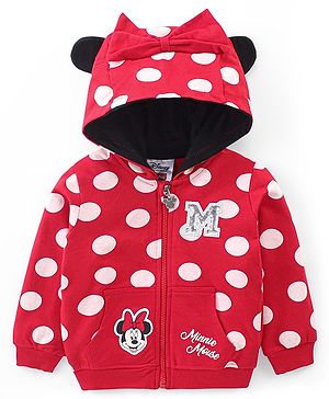 Babyhug Disney Knit Front Open Full Sleeves Sweat Jacket With Hood & Minnie Mouse Graphics - Red