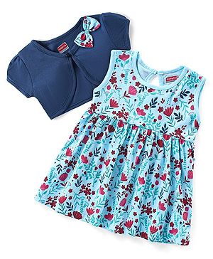 Babyhug Single Jersey Knit Frock with Half Sleeves Jacket Floral Print & Bow Applique - Blue