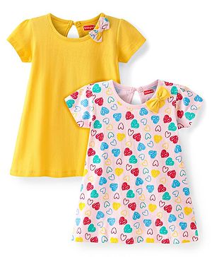 Babyhug Single Jersey Knit Half Sleeves Frocks With Heart Print & Bow Applique Pack of 2- Light Pink & Yellow