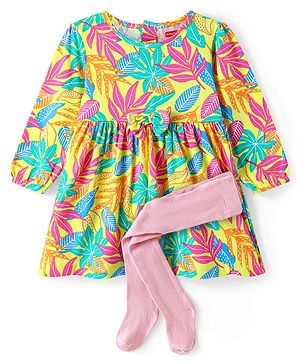 Babyhug Single Jersey Knit Full Sleeves Floral Print Frock With Leggings - Lemon Yellow