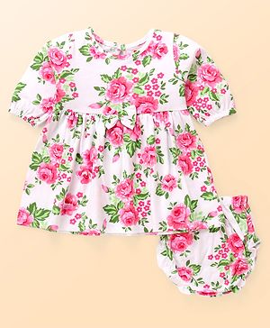 Babyhug Preemie Cotton Knit Full Sleeves Frock with Floral Print & Bloomer - White