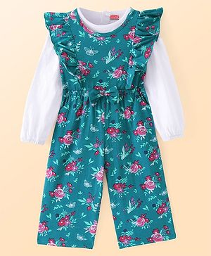 Babyhug Single Jersey Jumpsuit with Full Sleeves Inner Top Floral Print & Frill Detailing - Dark Green