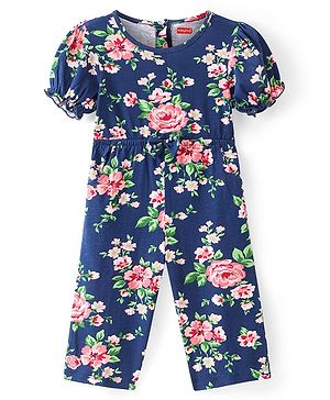Babyhug Single Jersey Knit  Half Puffed Sleeves Floral Printed Jumpsuit with Bow Applique - Navy Blue