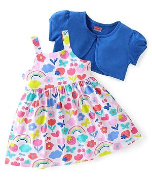Babyhug Cotton Knitted Single Jersey Frock with Half Sleeves Jacket Heart Print - Pink