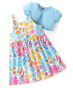 Babyhug Single Jersey Knit Floral Printed Frock With Half Sleeves Shrug - White