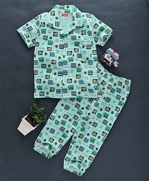 Babyhug Half Sleeves Night Suit Vehicle Print - Light Green