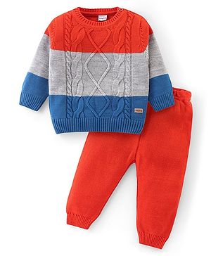 Babyhug Knitted Full Sleeves Sweater Set with Cable Knit Design - Red