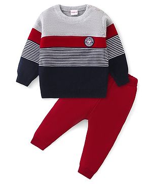 Babyhug Knitted Full Sleeves Sweater Set with Stripes Design - Multicolour