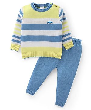 Babyhug Knitted Full Sleeves Sweater Set with Stripes & Patch Work Detailing - Multicolour