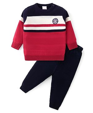 Babyhug Knit Full Sleeves Sweater Set with Strips Design - Red