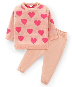 Babyhug Knitted Full Sleeves Sweater Set with Heart Design - Peach