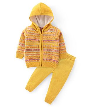 Babyhug Knitted Full Sleeves Front Open Hooded Sweater Set With Aztec Design - Mustard