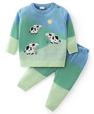 Babyhug Knit Full Sleeves Sweater Set with Colour Block Design & Moo Patch Detailing - Green