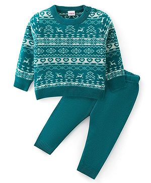 Babyhug Knitted Full Sleeves Sweater Set with Aztec Design - Green