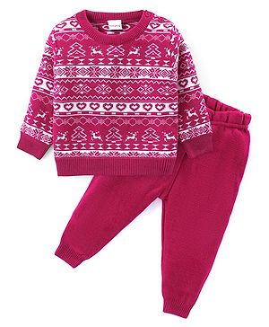 Babyhug Knit Full Sleeves Sweater Set with Reindeer Design - Pink