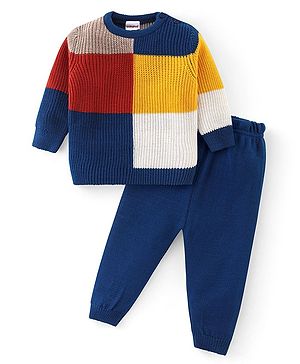 Babyhug Knitted Full Sleeves Sweater Set with Colour Block Design - Multicolour