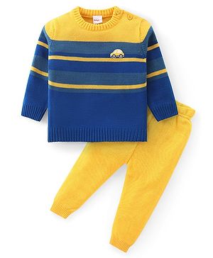 Babyhug Knitted Full Sleeves Sweater Set with Stripes & Patch Work Detailing - Mustard & Blue