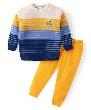 Babyhug Knitted Full Sleeved Pullover Striped  Sweater Set - Yellow  Blue & White