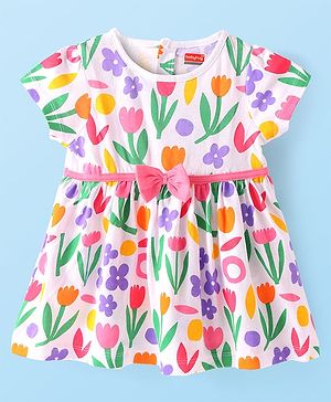 Babyhug Single Jersey Knit Half Sleeves Frock With Floral Print & Stocking - White