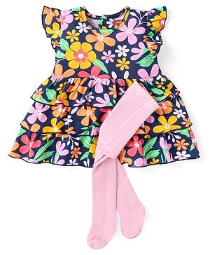 Babyhug Single Jersey Knit Frill Sleeves Floral Printed Layered Frock With Leggings - Navy