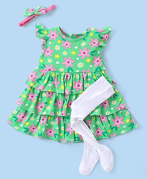 Babyhug Single Jersey Sleeveless Layered Frock with Legging & Hairband Floral Print - Green