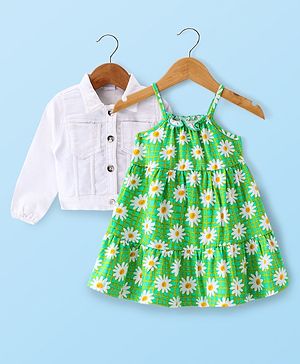Babyhug Single Jersey Knit Full Sleeves Jacket & Floral Printed Frock - Green & White