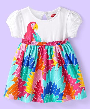 Babyhug Single Jersey Knit Short Puffed Sleeves Frock with Parrot Print - White