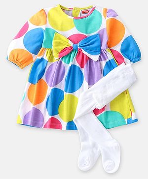 Babyhug Single Jersey Knit Half Sleeves Frock with Stockings Polka Dots Print & Bow Applique - White