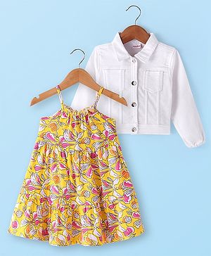 Babyhug Single Jersey Knit Floral Printed Frock with Full Sleeves Solid Colour Jacket - White & Yellow