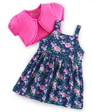 Babyhug Cotton Knit Singlet Frock With Half Sleeves Jacket & Floral Print - Navy