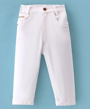 Little Kangaroos Cotton Woven Full Length Denim Washed Jeans with Solid Colour - White