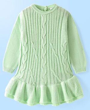 Babyhug Knitted Full Sleeves a Line Dress with Cable Knit Design & Frill Detailing at Hem - Green