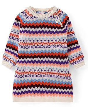 Babyhug Knit Full Sleeves Sweater Dress Aztec Design - Red & Blue