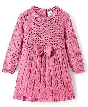 Babyhug Knitted Full Sleeves Pullover Woollen Dress With Cable Knit Design & Bow Applique - Pink