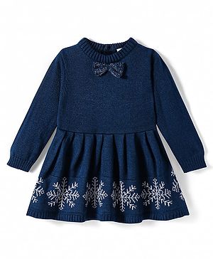 Babyhug Knitted Full Sleeves Woollen Dress with Intarsia Design & Bow Applique - Navy Blue
