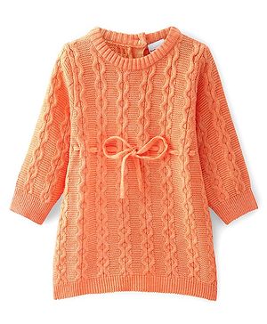 Babyhug Full Sleeves Cable Knit Woollen Dress - Orange