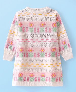 Babyhug Knitted Full Sleeves Woolen Dress With Floral Design -White