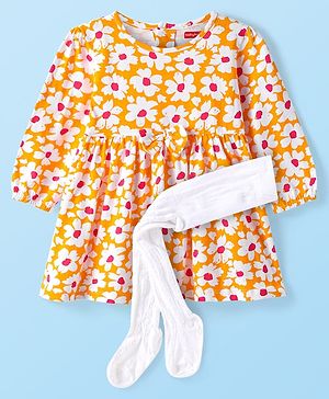 Babyhug Single Jersey Knit Full Peasant Sleeves Floral Print Frock With Leggings - Orange
