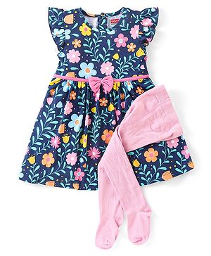 Babyhug Single Jersey Knit Frill Sleeves Floral Print Frock with Legging - Navy Blue